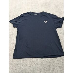 True Religion Jeans T-Shirt Women Navy BlueLarge Graphic Print Chrome Logo‎